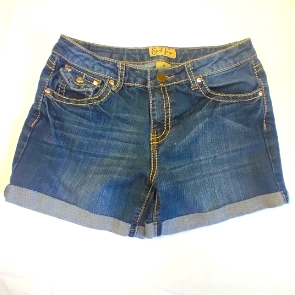 Earl Jean Distressed Rhinestone Cuffed Denim Shorts Sz 4